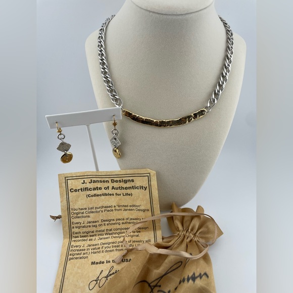J.Jansen Jewelry - J. Jansen Designs Two-Tone Hammered Necklace + Earrings Set COA Signed Tag
